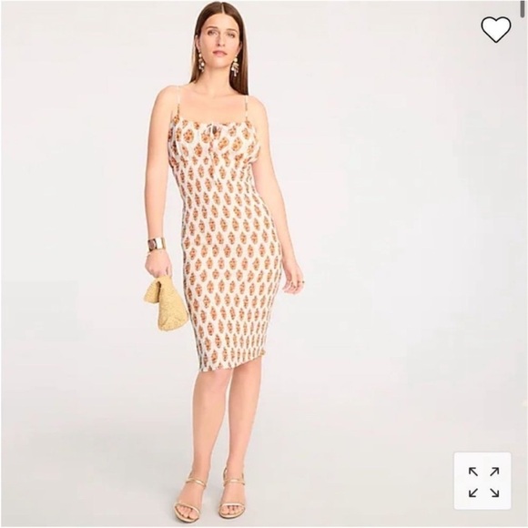 NWT J. Crew Smocked Linen Dress In Gathered Floral Block Print White/Orange SZ 4 - Picture 3 of 15